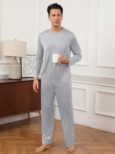 RQP Men's Pajama Set Ribbed Lounge Wear Silky Smooth 2 Piece Sleepwear,Stretch Home Outfits for Men,Grey - Thumbnail 4