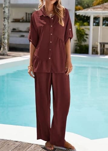 KIRUNDO Two Piece Sets for Women Spring Outfits 2026 Summer Dressy Casual Button Down Shirt Wide Leg Pants Lounge Set(Brown, Small) - Thumbnail 5