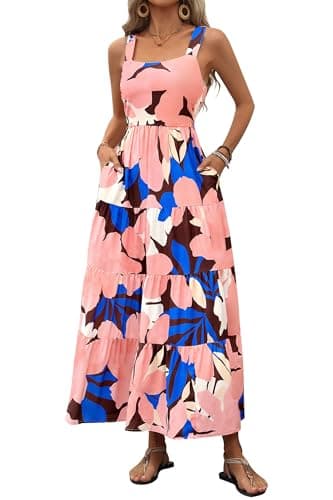 PRETTYGARDEN Women's Summer Floral Maxi Dress Sleeveless Smocked Ruffle Long Flowy Beach Vacation Boho Sundresses (Floral Coffee Pink,Medium) - Image 1