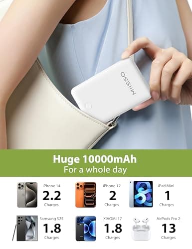 10000mAh Compatible with iPhone 15/16/17 and Android, Slim Portable Charger with Built in Cable, Power Bank Travel Charger External Battery Pack for Phone, 3 Output USB Type C, 2 Pack White & Purple - Thumbnail 4