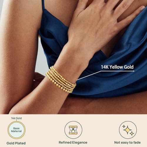 adoyi Gold Bracelets for Women 14K Gold Plated Stackable Beaded Strand Ball Bracelet stack Set Adjustable Non Tarnish Jewelry Sets for Womens Gifts - Thumbnail 5