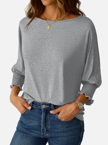 NORACORA Women's 2025 Fashion Tops 3/4 Sleeve T-Shirts Smocked Cuffs Cute Dressy Casual Crewneck Basic Business Tees Blouses Gray XS - Thumbnail 3