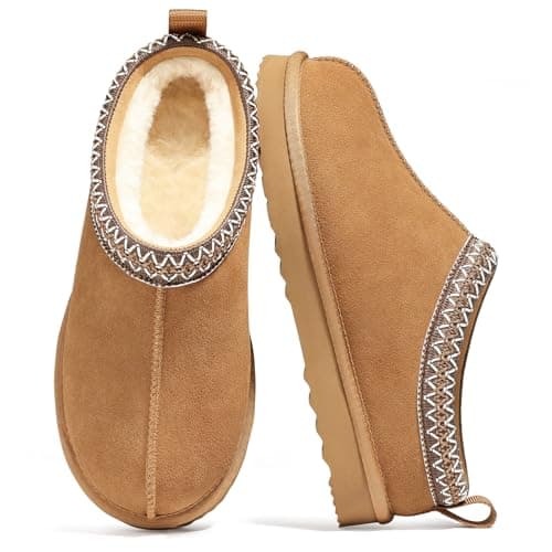 bebealy Genuine Suede Fuzzy Slippers for Women Winter Warm House Shoes Cozy Mini Boots for Indoor Outdoor, Chestnut 39 - Image 1