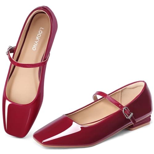Lookyno Mary Jane Shoes Women Square Toe Mary Jane Flats Casual Ballet Flats with Ankle Strap Dressy Comfortable,Red,7 - Image 1