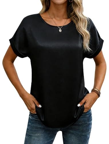 Rioofinx Women's Clothing Short Sleeve Silk Shirts Black Satin Tops Summer Fashion Black L - Image 1