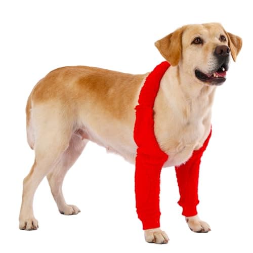 LovinPet Dog Front Leg Warmers for Medium Large Dogs, Double-Sided Fleece Elbow & Knee Sleeve, Adjustable Recovery Leg Protector, Anti-Lick, Anti-Chafe, Cold Weather Keep Warm, Red, XL - Image 1