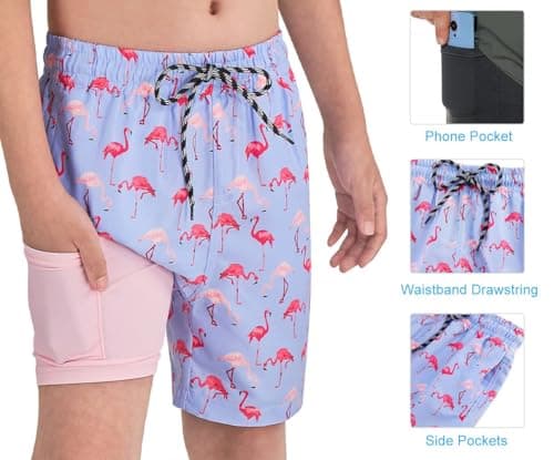 Cozople Big Boy's Pink Flamingo Swim Trunks with Compression Liner Quick Dry UPF50+ Swimwear Bathing Suits Stretchy No Mesh Sports Surfing Boardshorts Swimsuit Size 8 - Thumbnail 3
