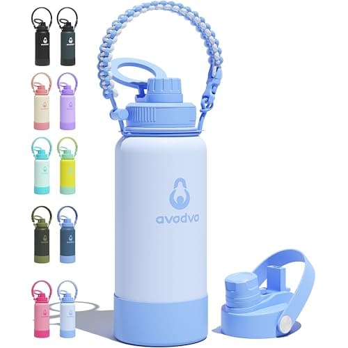 avodvo 32 oz Insulated Water Bottle with 2 Lids (2-in-1 Straw & Spout Lid, Magnetic Lid), Slim Water Bottle with Strap, Stainless Steel Water Bottle for Hiking, Gym, Travel, BPA-Free, Light Blue - Image 1