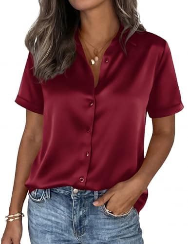 PRETTYGARDEN Womens 2026 Summer Button Down Shirts Short Sleeve Work Tops Dressy Satin Blouses Spring Business Casual Outfits (Burgundy,XX-Large) - Thumbnail 6