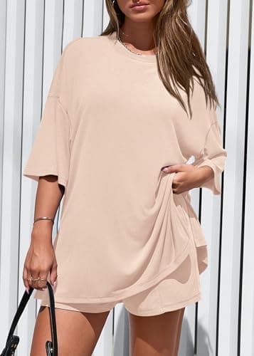 KIRUNDO 2 Piece Sets for Women Summer Lounge Sets Casual Oversized Tshirts Shorts Matching Airport Travel Outfits Postpartum(Beige, Small) - Thumbnail 3