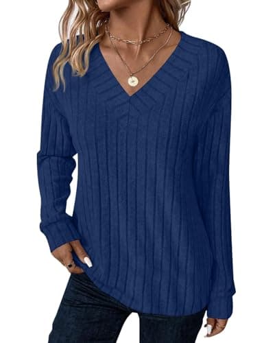 JUSTFASHIONNOW Blouses for Women Dressy Casual V Neck Long Sleeve Shirts Soft Sweaters Fall Tops for Women 2025 Parchment Clothe(Purplish blue,Medium) - Thumbnail 3