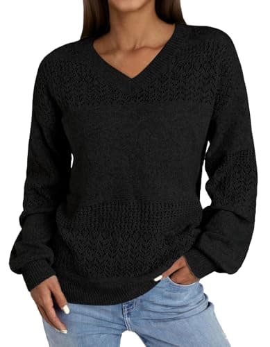 NORACORA Women's V Neck Fall Sweaters Crochet Soft Lightweight Ribbed Knit Loose Pullover Sweater Long Sleeve Tops 2025 Trendy Outfits Black - Image 1
