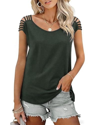 JUSTFASHIONNOW Womens Cold Shoulder Tops Summer Cute T Shirts Going Out Cap Sleeve Tops Dressy Casual Blouses Comfy Trendy Tee Shirts (Army Green,XX-Large) - Thumbnail 3