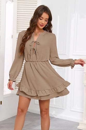 Angashion Women's Tie Front Mini Dress: V Neck Long Sleeve Elastic Waistband Layer Ruffle Hem Short Dress with Pockets Khaki X-Large - Thumbnail 4