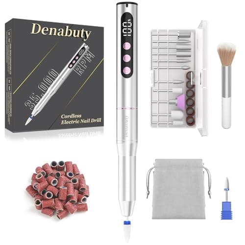 Denabuty Electric Nail Drill Cordless, 35000RPM Portable Electric Nail File with LCD Display and 12 Nail Drill Bits for Acrylic & Gel Nails, Professional Manicure & Pedicure Kit Set Silver - Image 1