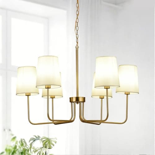 Omgomne 29.5" Gold Farmhouse Chandelier with Shade, 6-Arm Modern Dining Room Chandeliers Light Fixture,Industrial Hanging Pendant Lights for Kitchen Bedroom Living Room Bulb Not Included - Image 1