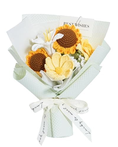 FLOLVISOU Crochet Flower Bouquet Handmade Artificial Flowers with Card - Image 1