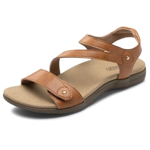 Rihero Orthopedic Sandals for Women Arch Support Comfortable Flat Sandals with Adjustable Strap for Summer Beach Walking Brown 6.5 - Image 1