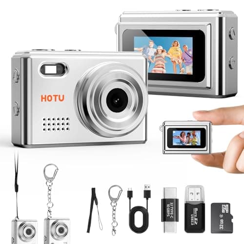 HOTU Mini Keychain Camera, Y2K Portable Mini Digital Camera, 2MP 1080P Video Recording Small Camera with 32GB Card for Kids, Long Battery Life for Travel, Vlog, Silver - Image 1