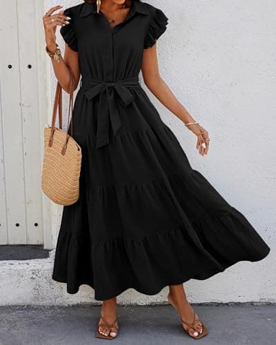 dowerme Women Summer Dress 2025 Cap Ruffle Sleeve V Neck Button Up High Waist Belted Tiered Boho Flowy Long Sun Dresses(Black,Medium) - Thumbnail 3