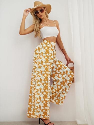 Heymoments Women's Wide Leg Dress Pants with Pockets White Flower Yellow Medium Lightweight Elastic High Waisted Adjustable Tie Knot Flowy Casual Ladies Beach Pleated Trousers - Thumbnail 5