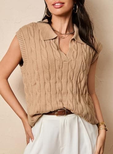 Dokotoo Womens Vest Womens Tops V Neck Lapel Collar Cable Knit Women Vest Cable Knit Summer Sweaters for Women Khaki XX Large - Thumbnail 3