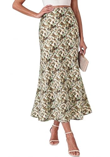 BTFBM Maxi Skirts for Women 2026 Summer Spring Lightweight A Line High Waisted Wedding Guest Party Silk Long Midi Skirt(Green Camo, Small) - Image 1