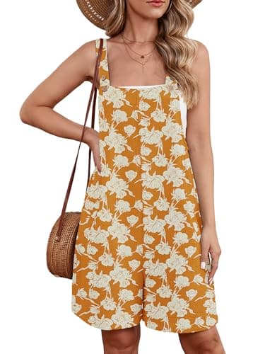 Heymoments Short Overalls Jumpsuits Rompers for Women White Flower Yellow Medium Casual Maternity Summer Comfy Ladies Loose Fit Dressy Wide Leg One Piece Sleeveless Grils Bib Baggy Pants - Image 1
