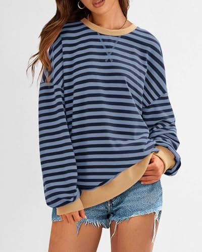 BTFBM Womens Oversized Striped Sweatshirt 2026 Spring Crewneck Long Sleeve Pullover Top Casual Y2K Clothes Workout Shirt(Blue Navy, Large) - Thumbnail 4