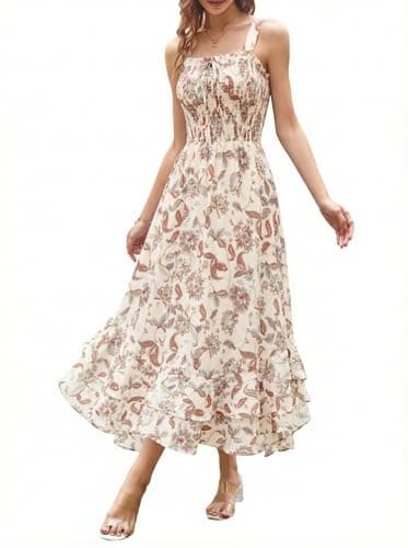 GRACE KARIN Women's 2025 Summer Floral Boho Dress Square Neck Strapped Swing A Line Sundress Beach Long Maxi OutfitsBeige 2XL - Image 1