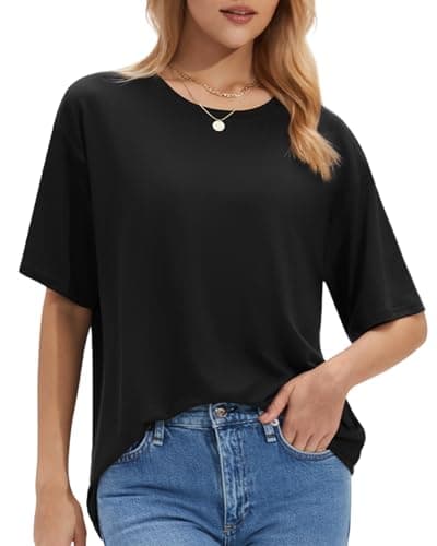 Stelle Black T Shirts for Women Oversized Crew Neck Short Sleeve Summer Tops Loose Fit Soft Basic Tee Shirt Large - Image 1