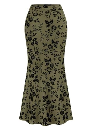 BTFBM Womens Floral Mesh Maxi Skirt 2026 Spring Summer Elastic High Waisted Boho Elegant Mermaid Long Skirts for Women(Army Green, Small) - Image 1