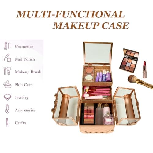 VETALLO Travel Makeup Case Organizer, Protable Cosmetic Case Storage with 2 Trays Mirror,Makeup Train Case Organizer,Make Up Box,Makeup Train Case for Nail Jewellery Vanity Storage Case - Thumbnail 5