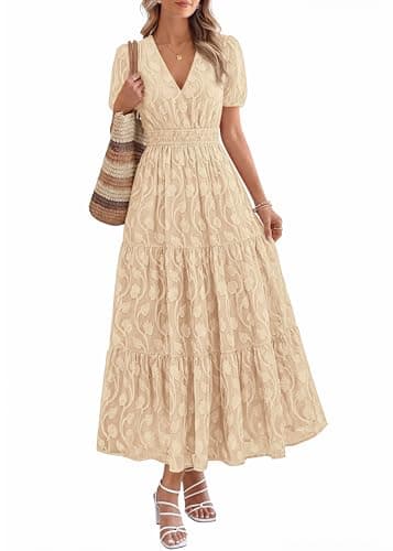 KIRUNDO Womens Boho Maxi Dress Summer Short Sleeve V Neck Floral Flowy A Line Formal Wedding Guest Baby Shower Long Dresses(Apricot, Small) - Image 1
