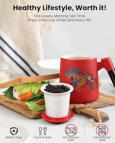 Foinly Ceramic Tea Cup with Infuser and Lid, 13.5 oz Tea Mug for Loose Leaf Tea,Wood Handle,Chinese Dragon Design,All Porcelain Strainer,BPA-Free, Perfect for Tea Lovers/Birthday/Easter (Red） - Thumbnail 5