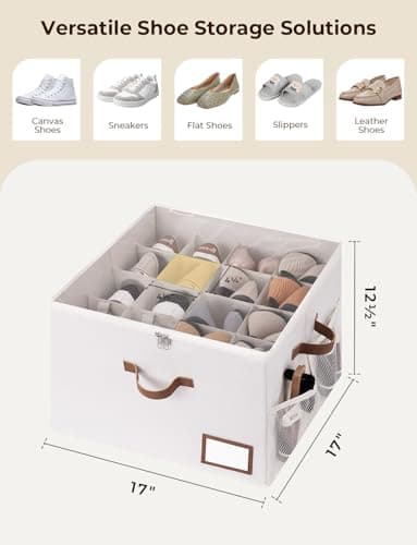 StorageWorks Shoe Organizer for Closet, Shoe Storage Bins with Clear Lid, Fabric Shoe Boxes with Side Mesh Pockets, Closet and Storage Bins for Slippers and Flats, Holds Up to 16 Pairs, Beige - Thumbnail 2