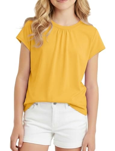 PATPAT Girls Pleated Short Sleeve T Shirts Size 5-6 Years Yellow Summer Crewneck Plain Shirt Toddler Fashion Casual Preppy Tops Tees - Image 1