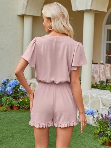 ECOWISH Womens Shorts Rompers Summer Button Short Flare Sleeve Ruffle Wide Leg Mini One Piece Jumpsuits Pockets V Neck Outfit 86 Pink S - Thumbnail 2