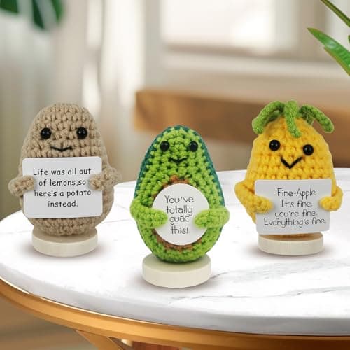 EzKnotify Funny Emotional Support Potato Gag Gift with Base, Mini Knitted Wool Crochet Dolls for Tough Times, Perfect for Friends, Parties, Birthdays, and Christmas(Potatoes Pineapple Avocado) - Image 1