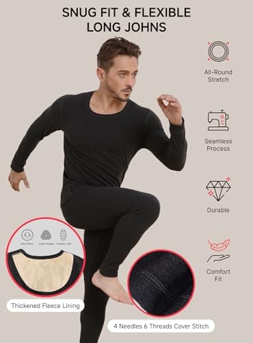 TRENDOUX Long Johns for Men Thermal Underwear Set with Fleece Lined, Mens Thermals Top and Bottom Set, Moisture Wicking Warm Underwear Pajamas for Home Base Layer for Cold Weather - Black XL - Thumbnail 3