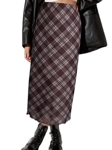 Avanova Women Plaid High Waisted Midi Skirts Mesh Flowy Summer Long Skirts Plaid Brwon Small - Image 1