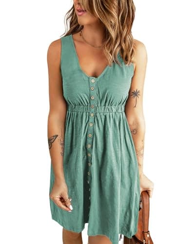 BTFBM Summer Dresses for Women 2026 Casual Spring Clothes Sleeveless Crewneck Beach Vacation Outfits Mini Flowy Sun Dress(Buttons Fruit Green, Large) - Image 1