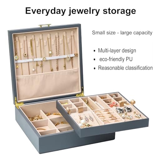 ASINGYER 2-layer jewelry box，Jewelry Organizer with Handle，with hanging necklace hooks, detachable jewelry trays, suitable for storing a large amount of jewelry gift box (Large-Grey) - Thumbnail 4