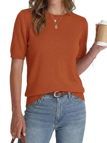 BTFBM Short Sleeve Sweater for Women Spring Tops Crew Neck Lightweight Pullover Loose Dressy Casual Blouse Basic Clothes(Orange Red, Large) - Image 1