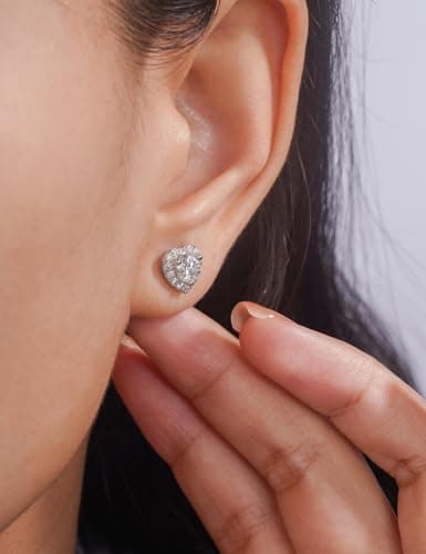IMOLOVE Moissanite Stud Earrings Lab Created Moissanite Earrings in Sterling Silver Trendy Heart Halo Earrings for Women Men D Color Round Cut - Thumbnail 3