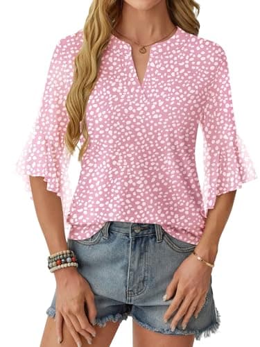 GKBK Womens 3/4 Sleeve Tops Dressy Casual Business Work Blouses Office Shirts Pink L - Thumbnail 2