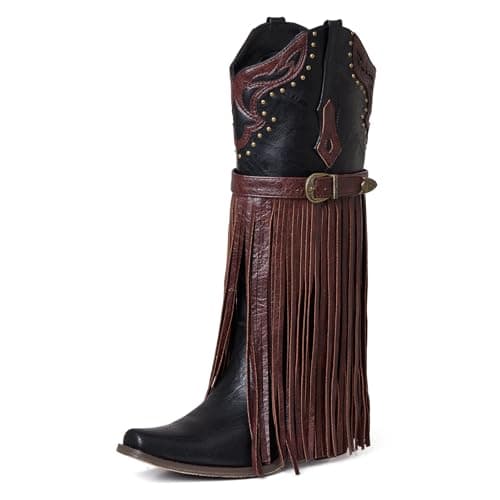 SaraIris Women's Black Cowboy Boots Fringe Boots Knee High Cowgirl Boots Chunky Heel Western Boots Buckle Strap Fashion Pointed Toe Pull On Tassel Boots for Women Size 7.5 - Image 1
