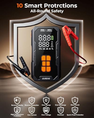GUREVO 2000A Jump Starter with Air Compressor, Car Battery Jumper Starter Portable with 160PSI Auto-Shutoff Tire Inflator, Car Battery Charger Jump Box for 8.0L Gas/6.0L Diesel Engines - Thumbnail 5