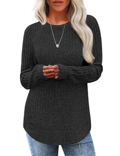 JUSTFASHIONNOW Womens Sweaters Trendy Lightweight Casual Long Sleeve Shirts 2025 Crewneck Fall Tunic Tops Loose Fit Dressy (Black, Small) - Thumbnail 2