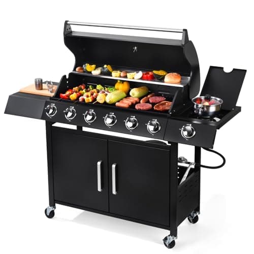 RYHOFOUD Q032-6-Burner w/Side Burner Gas Grill with 403 SQ.IN. Outdoor Grill with 60,000 BTU,Propane Grills with Top Cover Lid,Grills Outdoor Cooking for Patios,Balcony,Camping,Garden - Image 1